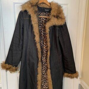 Ladies Express Penny Lane Long Faux Fur Denim Coat 90's / Y2K Brown Tan Size 7/8